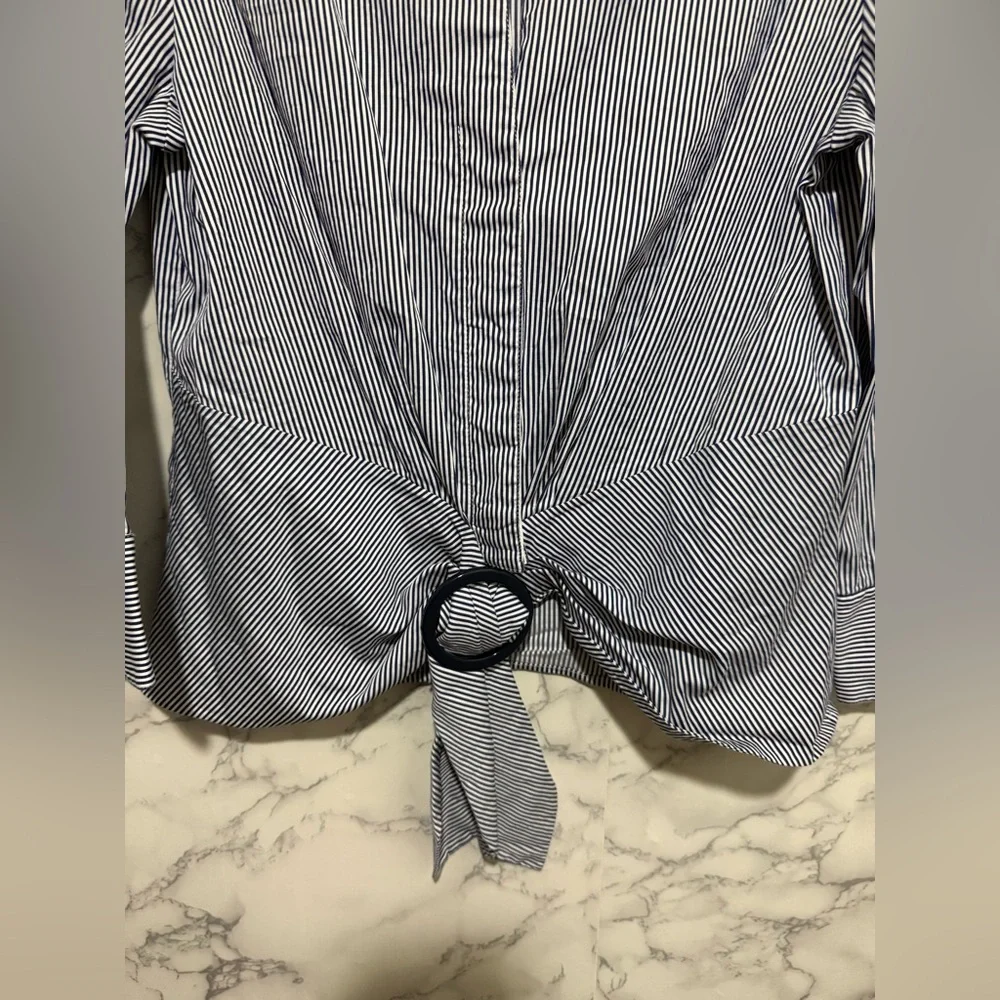 Lafayette 148 New York Navy and White Narrow-Stripe Button Shirt - Picture 4 of 8